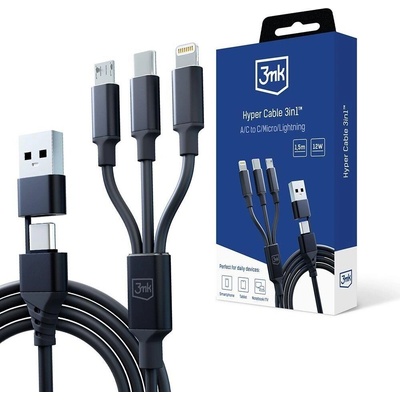 3mk nabíjecí kabel - Hyper Cable 3in1 A/C to C/Micro/Lightning 1.5m, černá