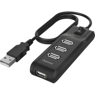 Hama USB хъб HAMA, С бутон вкл. /изкл. , USB 2.0, 1: 4, 480 Mbit/s, черен (HAMA-200118)