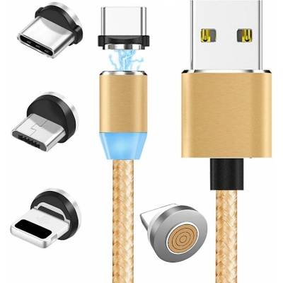 W-star MG3GD1 magnetický USB, 3v1, USBC, micro USB, lightning, 5A, Led, 1m, zlatý
