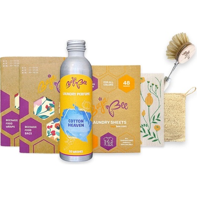 BajaBee Home Eco Set Voskové vrecko XL 1 ks + Voskové obrúsky 4 ks + Pracie pásiky na 48 praní + Parfém na pranie 250 ml + Domáci pomocníci 3 ks