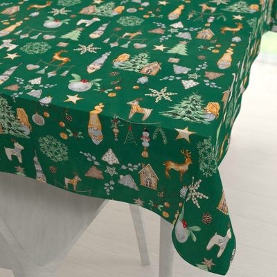 Biante Vánoční bavlna obdélníkový ubrus Sandra SA-508 Vánoční skřítci a ozdoby na zeleném 120x140 cm