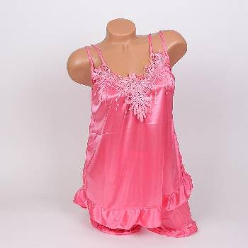 Image 1 of Дамска пижама с тънка презрамка и дантела в розов корал