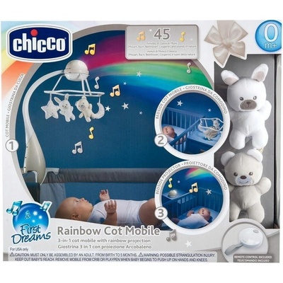 Chicco Kolotoč nad postýlku Rainbow 3v1 růžový First Dreams s dálkovým ovládáním