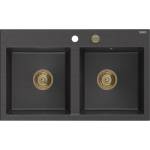 Mexen Hektor гранитна мивка с 2 камери 800 x 480 мм, черна с пръски, сифон златист - 6521802000-76-G (6521802000-76-G) Мивка за вграждане