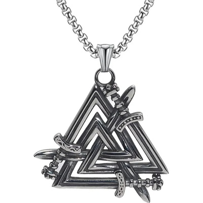 Vikingský ocelový přívěsek Valknut s meči Odin Model včetně řetízku 2./