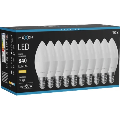 Mexen Nova 10x LED крушка E14, C37, 8W, Топла - 3000K, 840 lm - L102-E14-0830-01x10 (L102-E14-0830-01x10)