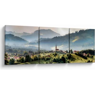 Obraz - vesnička v mlze, třídílný 120x40 cm