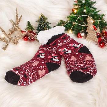 Детски коледни чорапи в цвят бордо с пингвинчета