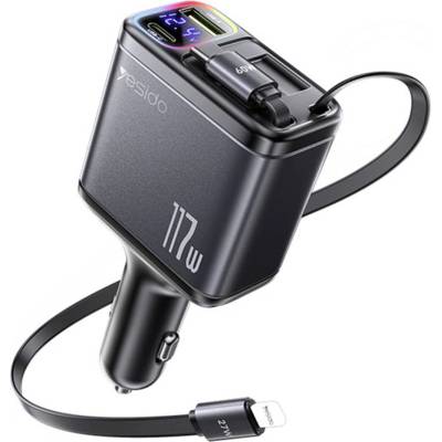 YESIDO Автомобилно зарядно 4в1 - Yesido Y63 - 2× прибиращи кабели, LED светлина, fast charge 117W - Сиво