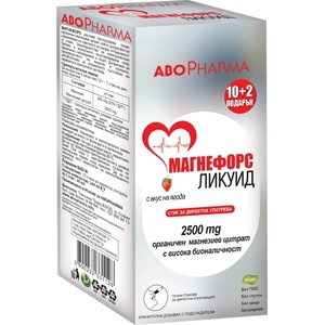Abo Pharma Магнефорс Ликуид, 2500 mg магнезиев цитрат, с вкус на ягода, 10 + 2 стика, Abo Pharma (10046576)