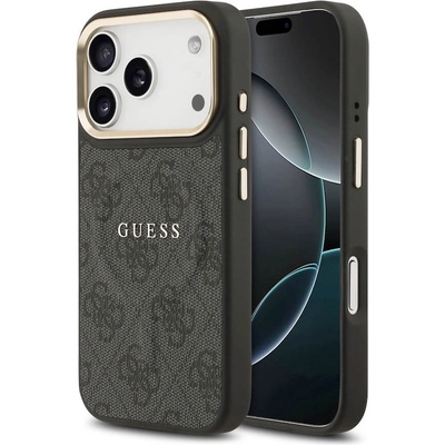 GUESS Дизайнерски кожен кейс с MagSafe за iPhone 17 Pro - Guess PU 4G Gold Frame MagSafe Leather Hard Case (черен) (GUHMP17LP4MSEGCK)