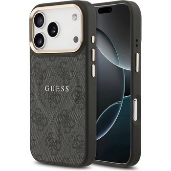 GUESS Дизайнерски кожен кейс с MagSafe за iPhone 17 Pro - Guess PU 4G Gold Frame MagSafe Leather Hard Case (черен) (GUHMP17LP4MSEGCK)