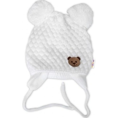 BABY NELLYS Zimná pletená čiapka Teddy Bear na zaväzovanie biela smotana