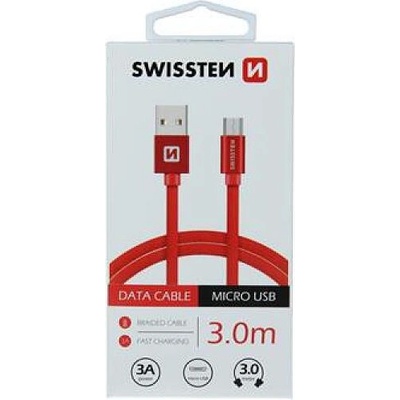 Swissten 71527301 USB 2.0, zástrčka A - zástrčka micro B, opletený, 3m, červený