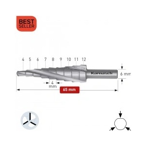 Karnasch Стъпално свредло Ø 4-12 mm (x 4 mm), HSS-XE без покритие, 3x спирален канал, BESTSELLER (1425)