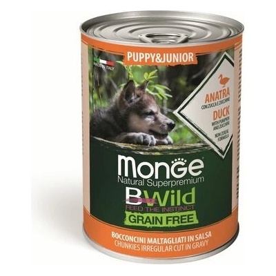Monge BWild Grain Free Puppy & Junior kačacie kúsky v omáčke s tekvicou a cuketou 400 g
