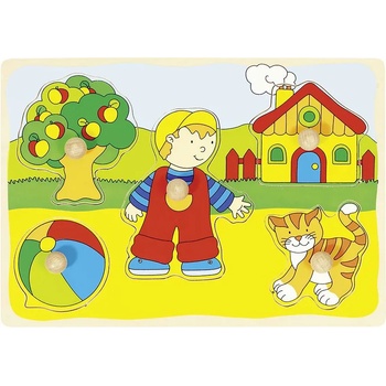 Image 1 of Goki Дървен пъзел с дръжки Goki - Къща, коте, момче и топка (57858)