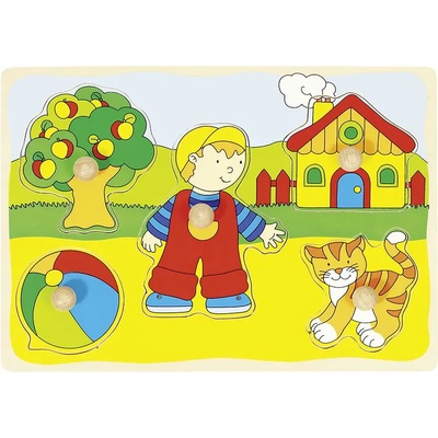 Goki Дървен пъзел с дръжки Goki - Къща, коте, момче и топка (57858)