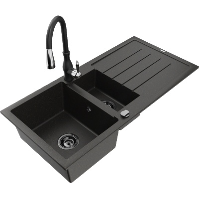 Mexen Andres гранитна мивка с 1, 5 камери с draining board и кухненска батерия Savita, черен/златен - 6515-75-672601-70-B (6515-75-672601-70-B)