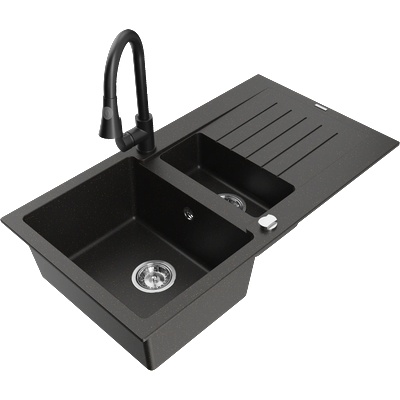 Mexen Matias гранитна мивка 1, 5-камерна с отцедник и кухненски смесител Elia, черен/златен металик - 6502-75-670101-70 (6502-75-670101-70)