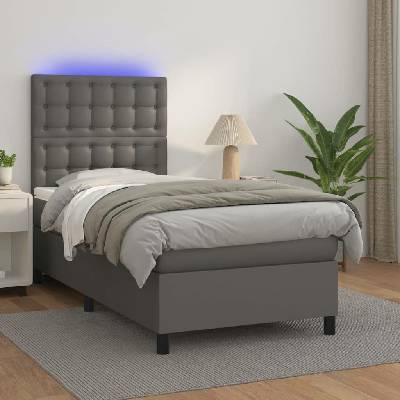 vidaXL Box spring postel s matrací a LED 3135913 umělá kůže šedá