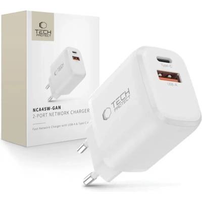 Tech-Protect nca45w-gan 2-портово мрежово зарядно pd 45w / qc3.0 бяло (5906302335985)