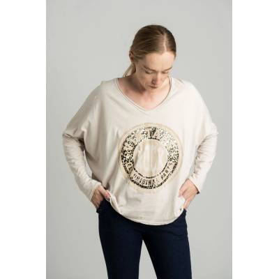 Italy Moda Beige oversize blouse with a shiny print krémová 5904882231314