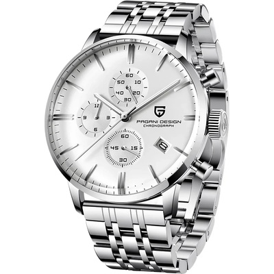 Pagani Design Мъжки часовник Pagani Design Larith, Кварцов, Неръждаема стомана, Хронограф, Сребрист / Бял (PD-2720K-SILVER-WHITE)