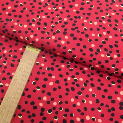 Úplet - Puntíky černé, žluté na červené - šíře 150cm