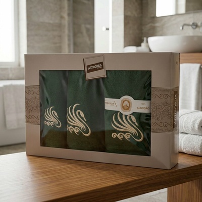 4sleep set ručníků a osušek 380 3 ks tmavě zelená s výšivkou 1 x 30 x 50 cm + 1 x 50 x 90 cm + 1 x 70 x 140 cm