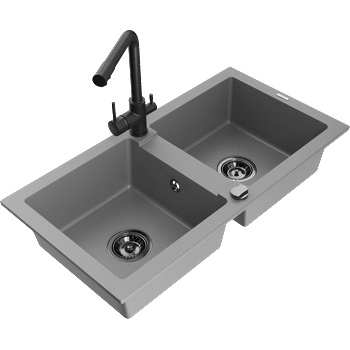 Mexen Mario гранитна мивка с 2 отделения и кухненски смесител Duero, сив - 6504-71-671600-70-B (6504-71-671600-70-B)