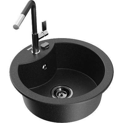 Mexen Diego гранитна мивка с една камера с кухненски смесител Flora, черен/сребрист металик - 6512-73-670401-07-B (6512-73-670401-07-B)