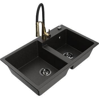 Mexen Tomas гранитна мивка с 2 камери и кухненски смесител Aster, черен/златен металик - 6516-75-73450-57-B (6516-75-73450-57-B)