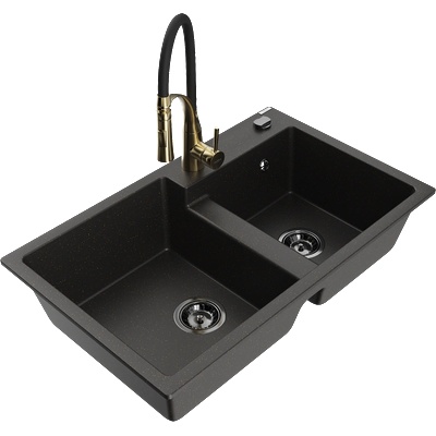 Mexen Tomas гранитна мивка с 2 камери и кухненски смесител Aster, черен/златен металик - 6516-75-73450-57-B (6516-75-73450-57-B)