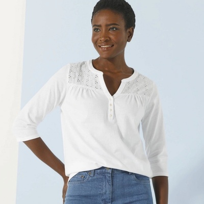 Tričko s výstrihom na gombíky 3 4 rukávmi a madeirou biela