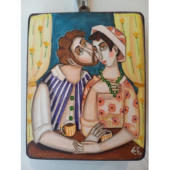 Наивистична картина с влюбена двойка