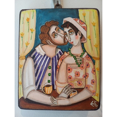 Наивистична картина с влюбена двойка