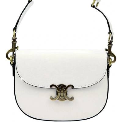 oválná kožená crossbody kabelka s elegantním mosazným patentem bílá