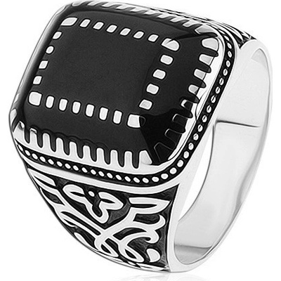 Šperky eshop Stříbrný prsten 925 ornamenty na ramenech obdélníky s černou glazurou S75.20