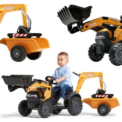 FALK Šlapací traktor Case IH Beckhoe s nakladačem rypadlem a vlečkou
