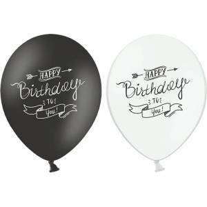 PartyDeco Пастелен балон Happy Birthday бял или черен 1 бр