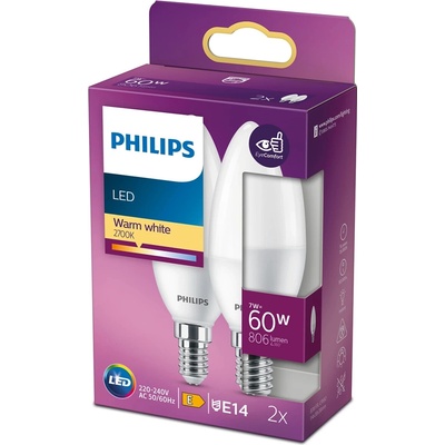 Philips 2x LED žárovka E14 B38 7W = 60W 806 lm 2700K teplá bílá
