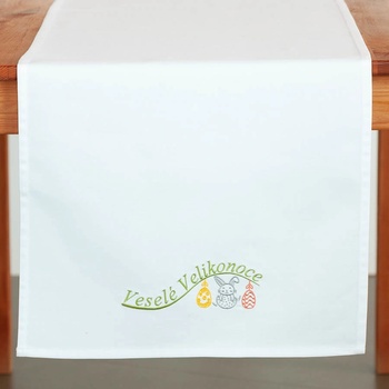 Veba Ubrus Garbo bavlna satén bílá s výšivkou Veselé velikonoce s nešpinivou úpravou 40x120 cm