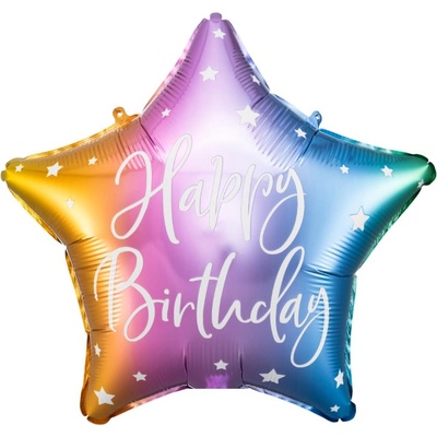 PartyDeco Balonek fóliový Happy Birthday hvězda barevná 40 cm