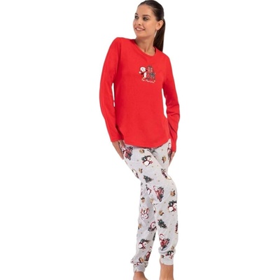 Дамска макси коледна пижама в червено и сиво с пингвинче