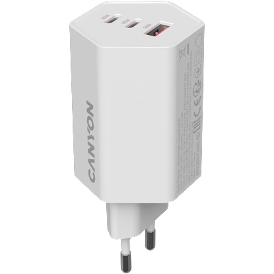 Адаптер за Захранване CANYON charger HEXAGON 65 GaN 65W 2xPD 1xQC EU White (CND-CHAHEX65W)