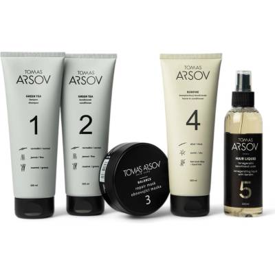 Tomas Arsov pro citlivou pokožku a oslabené vlasy GREEN TEA Šampon 250 ml + Kondicionér 250 ml + BALANCE maska 100 ml + BONFIRE Bezoplach. kondic. 250 ml + HAIR LIQUID Keratin.voda 200 ml set