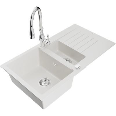 Mexen Matias гранитна мивка 1, 5-камерна с отцедник и кухненски смесител Savita, бял - 6502-20-672601-00 (6502-20-672601-00)