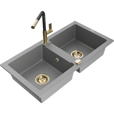 Mexen Mario гранитна мивка с 2 камери и кухненски смесител Flora, сив - 6504-71-670401-57-G (6504-71-670401-57-G)