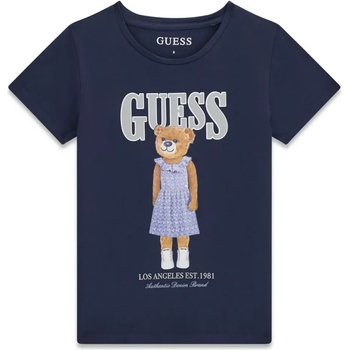 GUESS Тъмносиня тениска за момиче с цветно мече и сив надпис Guess